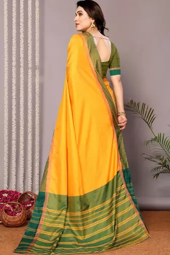 Yellow silk blend soft saree with contrast blouse