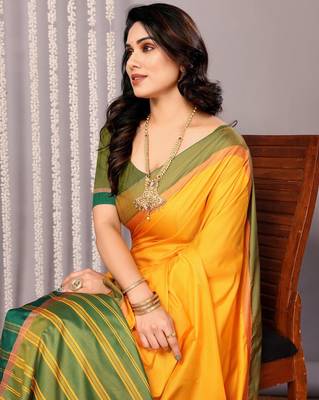 Yellow silk blend soft saree with contrast blouse 5