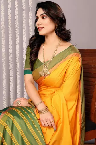 Yellow silk blend soft saree with contrast blouse