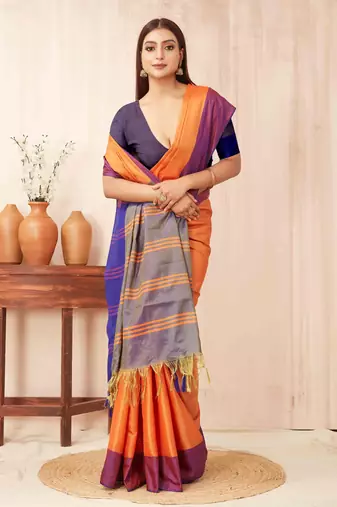 Orange silk blend saree with contrast  blouse