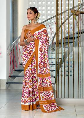 Mustard mulcotton ikat block print saree with unstitched blouse piece 1