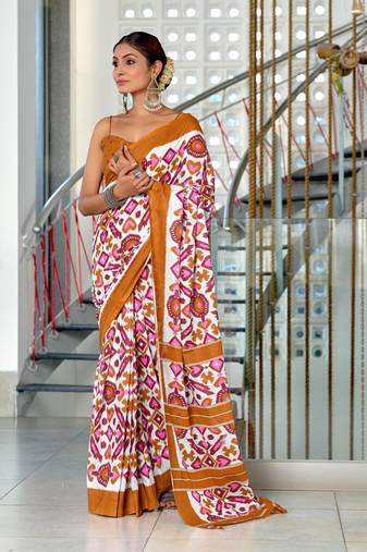 Mustard mulcotton ikat block print saree with unstitched blouse piece