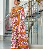 Mustard mulcotton ikat block print saree with unstitched blouse piece