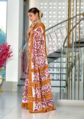 Mustard mulcotton ikat block print saree with unstitched blouse piece 2