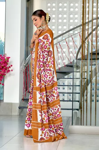 Mustard mulcotton ikat block print saree with unstitched blouse piece