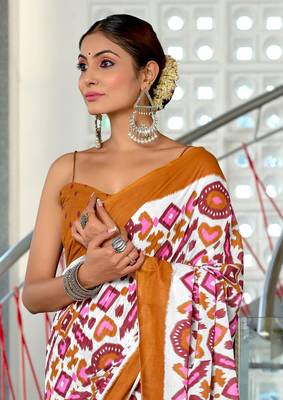 Mustard mulcotton ikat block print saree with unstitched blouse piece 4