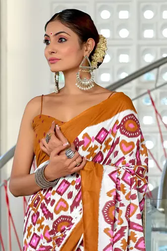 Mustard mulcotton ikat block print saree with unstitched blouse piece