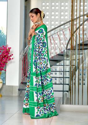 Teal mulcotton ikat block print saree with unstitched blouse piece 2