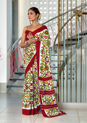 Maroon mulcotton ikat block print saree with unstitched blouse piece 1