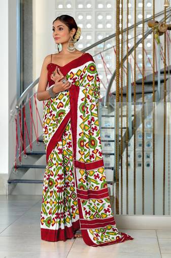 Maroon mulcotton ikat block print saree with unstitched blouse piece