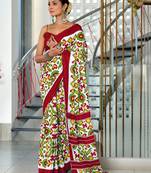 Maroon mulcotton ikat block print saree with unstitched blouse piece
