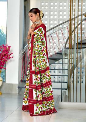 Maroon mulcotton ikat block print saree with unstitched blouse piece 2