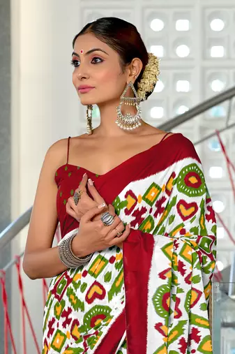 Maroon mulcotton ikat block print saree with unstitched blouse piece