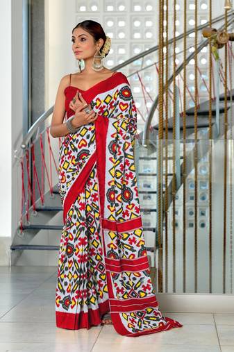 Red mulcotton ikat block print saree with unstitched blouse piece
