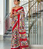 Red mulcotton ikat block print saree with unstitched blouse piece