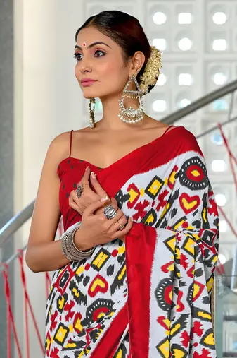 Red mulcotton ikat block print saree with unstitched blouse piece
