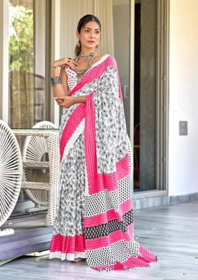 White mulcotton hand print saree with unstitched blouse piece 1