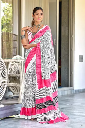 White mulcotton hand print saree with unstitched blouse piece
