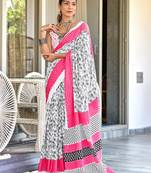 White mulcotton hand print saree with unstitched blouse piece