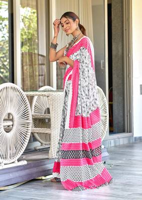 White mulcotton hand print saree with unstitched blouse piece 2