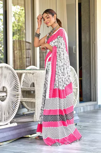 White mulcotton hand print saree with unstitched blouse piece