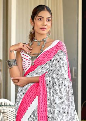 White mulcotton hand print saree with unstitched blouse piece 4
