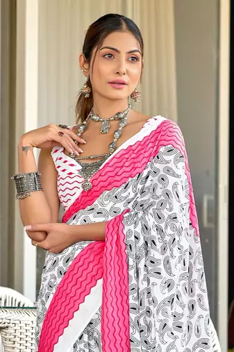 White mulcotton hand print saree with unstitched blouse piece