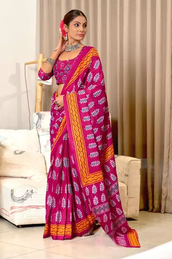 Pink mulcotton hand print saree with unstitched blouse piece