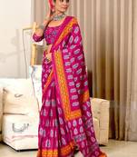 Pink mulcotton hand print saree with unstitched blouse piece