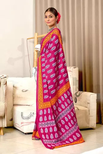 Pink mulcotton hand print saree with unstitched blouse piece