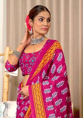 Pink mulcotton hand print saree with unstitched blouse piece 4