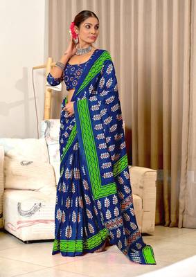 Blue mulcotton hand print saree with unstitched blouse piece 1