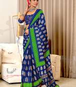Blue mulcotton hand print saree with unstitched blouse piece
