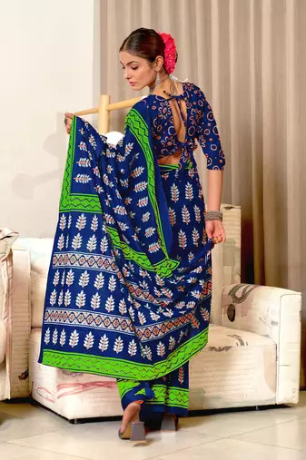 Blue mulcotton hand print saree with unstitched blouse piece