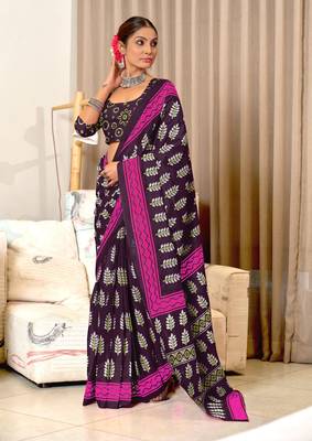 Purple mulcotton hand print saree with unstitched blouse piece 1