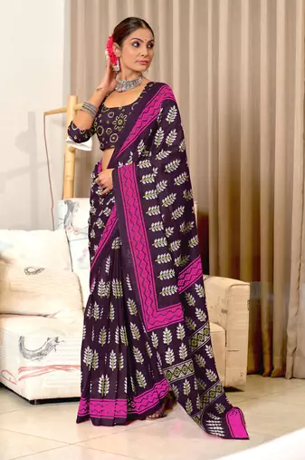 Purple mulcotton hand print saree with unstitched blouse piece