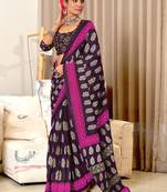 Purple mulcotton hand print saree with unstitched blouse piece