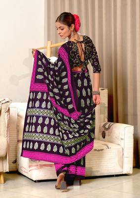 Purple mulcotton hand print saree with unstitched blouse piece 3