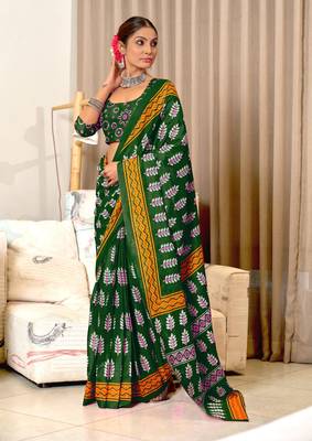Green mulcotton hand print saree with unstitched blouse piece 1