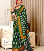 Green mulcotton hand print saree with unstitched blouse piece