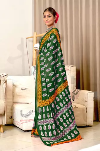 Green mulcotton hand print saree with unstitched blouse piece