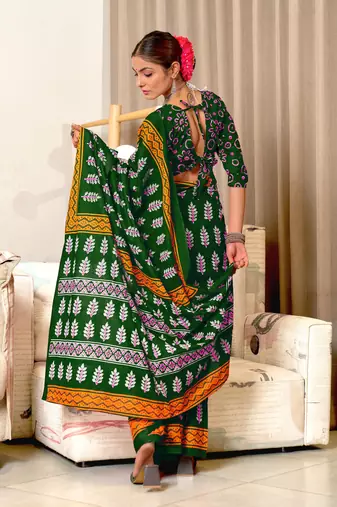 Green mulcotton hand print saree with unstitched blouse piece