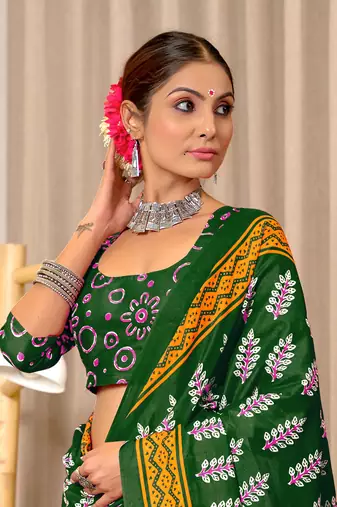 Green mulcotton hand print saree with unstitched blouse piece