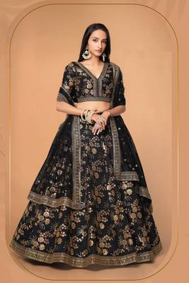 Black Embroidery thread Sequins Work art Silk Lehenga choli 1