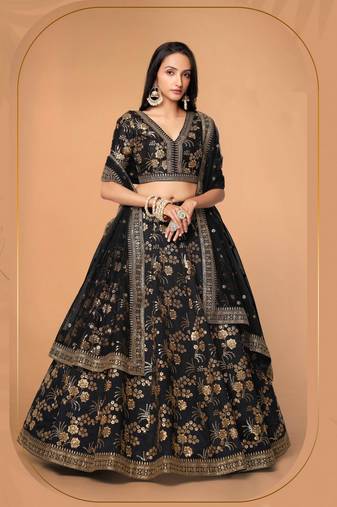 Black Embroidery thread Sequins Work art Silk Lehenga choli