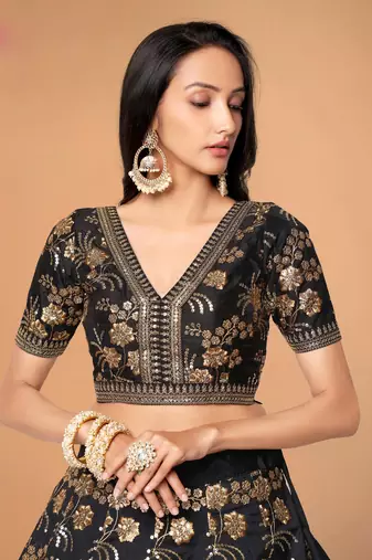 Black Embroidery thread Sequins Work art Silk Lehenga choli
