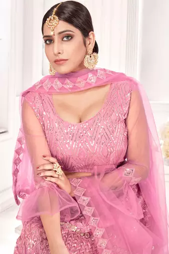 Pink Embroidered Sequins Work Net Lehenga choli