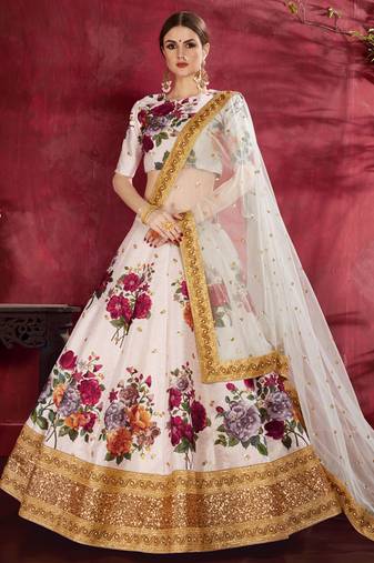 Off White Print Embroidery Sequins Work Art Silk Lehenga choli