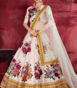 Off White Print Embroidery Sequins Work Art Silk Lehenga choli