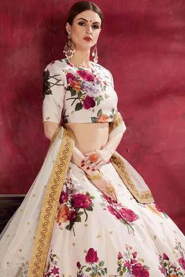 Off White Print Embroidery Sequins Work Art Silk Lehenga choli 2